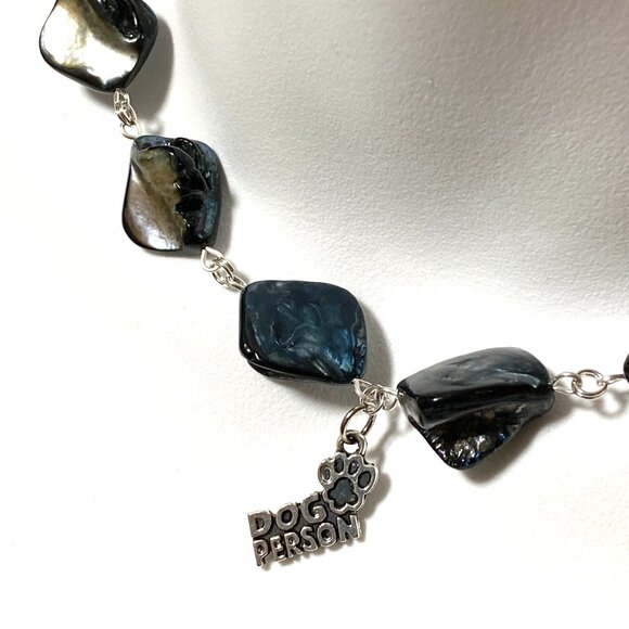 Blue Irregular Mother of Pearl Shell Necklace + Dog Person Paw Print Pendant - Picture 1 of 13